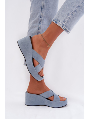 Дамски джапанки на платформа, изработени от еко велур, сини