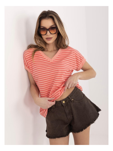 Тениска с V-образно деколте и оверсайз цвят на праскова