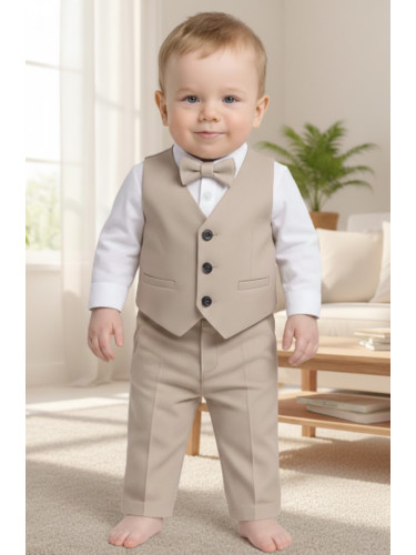 Бебешки официален комплект от 4 части- боди-риза в бяло, панталон, еле