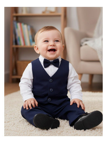 Бебешки официален комплект от 4 части- боди-риза в бяло, панталон, еле