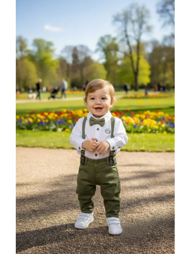Бебешки официален комплект от панталон в зелено, боди-ризка в бяло, т