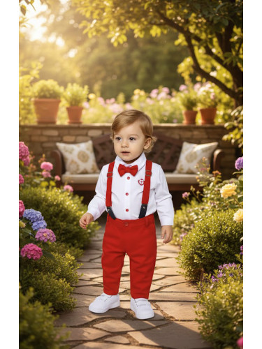 Бебешки официален комплект от панталон в червено, боди-ризка в бяло, 