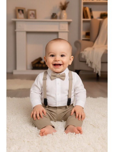 Официален бебешки комплект от 4 части-панталон в бежово, боди-риза в б