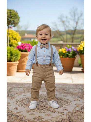 Бебешки официален комплект от панталон,тиранти и папийонка в бежово с