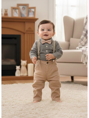 Официален бебешки комплект от 4 части-панталон в бежово, боди-риза в з