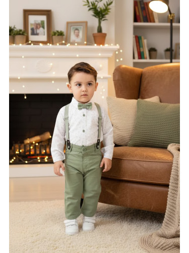 Бебешки комплект за момче от 4 части - боди-риза в бяло със зелени орн