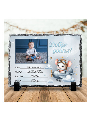 Скална плоча със снимка - Бебешка визитка в синьо