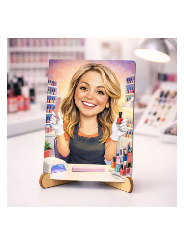 Персонализиран дървен плакет с карикатура на маникюристка по снимка