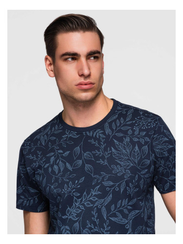 Мъжка тениска с флорален принт - тъмносиня