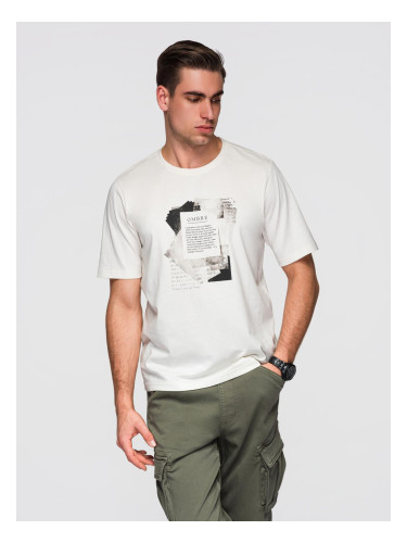 Мъжка памучна тениска с омбре щампа - бяла