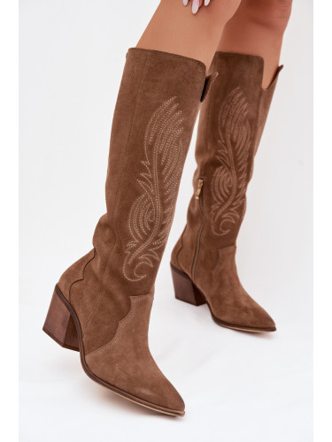 Каубойски ботуши Zazoo от бежов велур с токчета