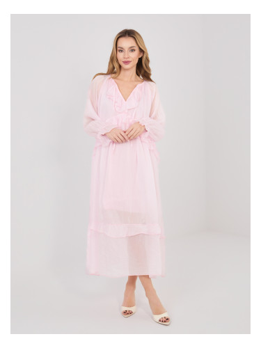 Светлорозова рокля с волани