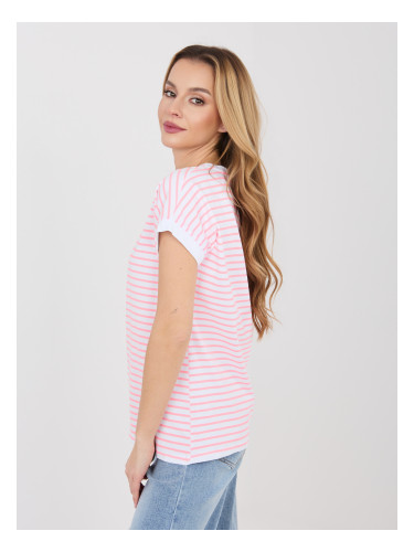 Дамска бяло-розова тениска с кръгло деколте