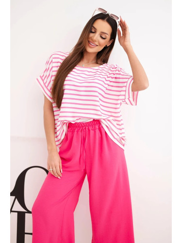 Дамски комплект от вискоза с раирана блуза и широк панталон