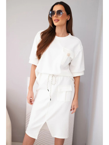 Дамски комплект с блуза и миди пола, екрю