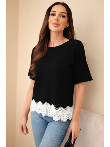 Дамски пуловер с къс ръкав и дантела