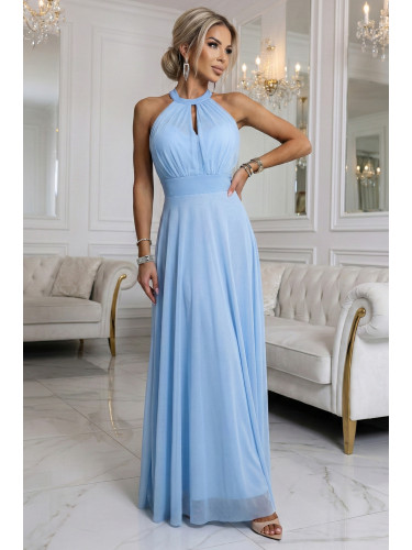 Синя макси рокля с деколте тип „халтер“