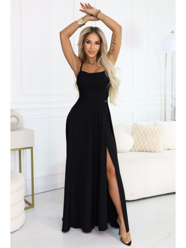 Черна макси рокля с корсет на гърба и цепка
