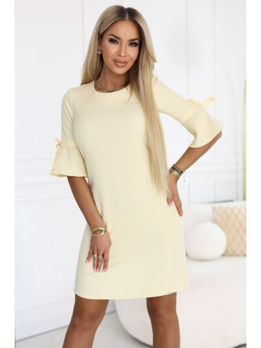 Рокля Нева с ръкави с връзки - пастелно жълта