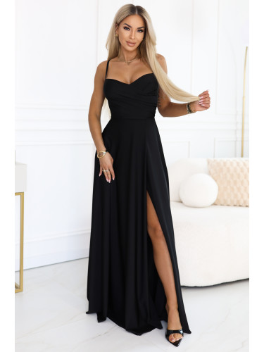 Дълга вечерна рокля с презрамки и цепка - черна