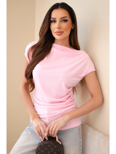 Дамски оребрен топ с поло яка, розов