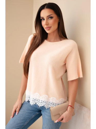 Къс пуловер с дантела в цвят сьомга