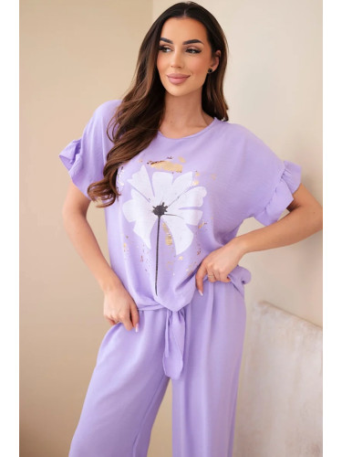 Дамски комплект Kesi с топ и панталон с щампа, светло лилав