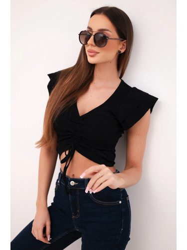 Дамски оребрен раиран кратък топ с волани