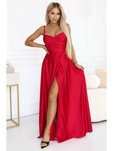 Дълга вечерна рокля с презрамки и цепка - червена