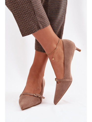 Дамски обувки с декоративна каишка, тъмнобежови