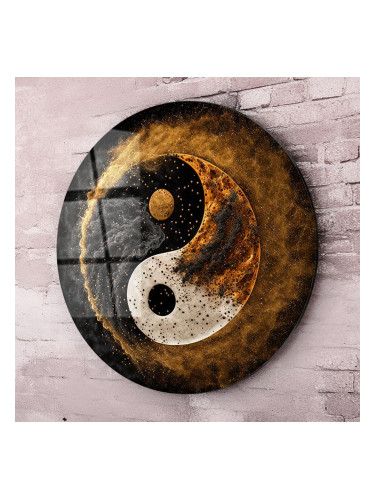 Кръгло стъклено пано Ин и Ян – злато и черно