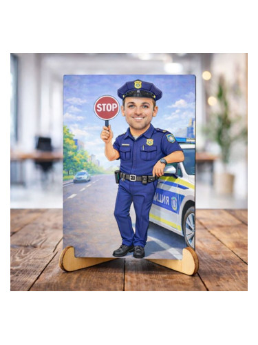 Персонализиран дървен плакет с карикатура по снимка - Полицай