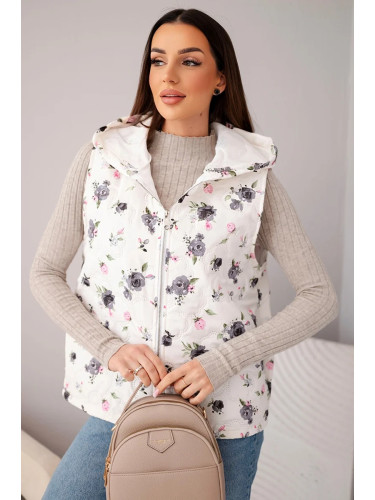 Дамски ватиран елек с качулка и флорален принт Kesi
