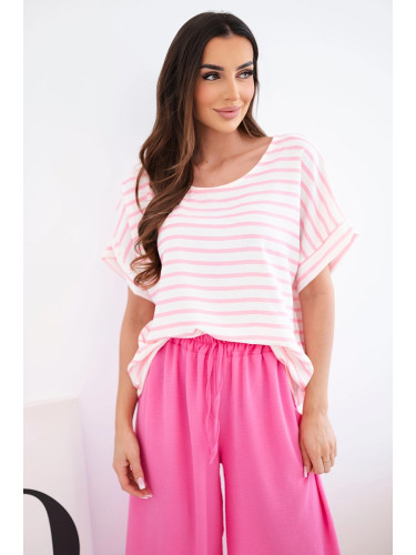 Дамски комплект от вискоза с раирана блуза, розов