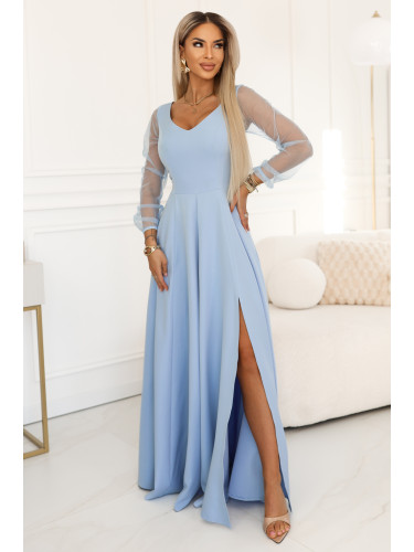 ЛОРЕТА Дълга рокля с ръкави от тюл - светлосиня