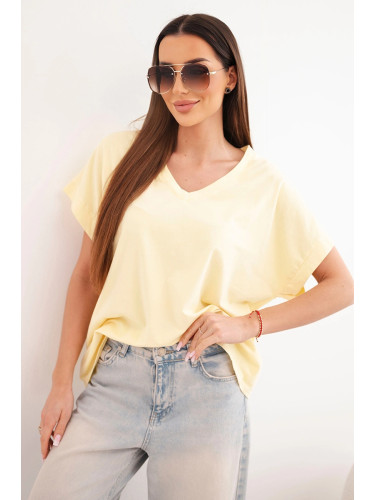 Дамска памучна блуза с V-образно деколте, жълта
