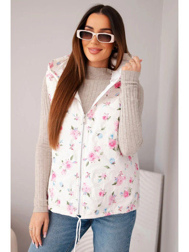 Дамски капитониран елек с качулка и флорален принт