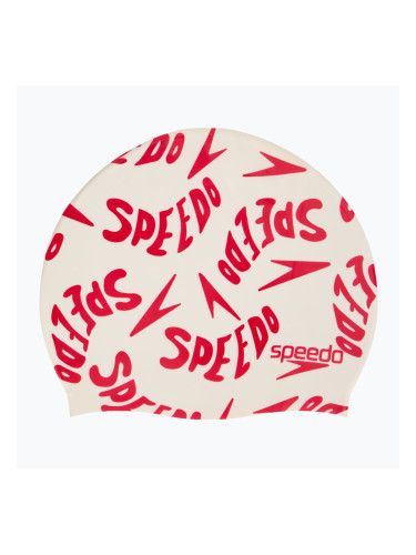 Детска шапка за плуване Speedo Slogan Print бяла/червена