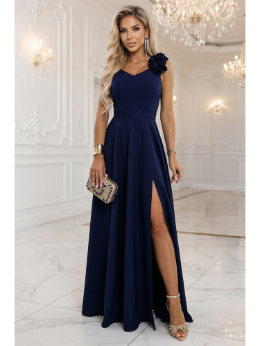 Елегантна макси рокля с цепка и рози - тъмносиня