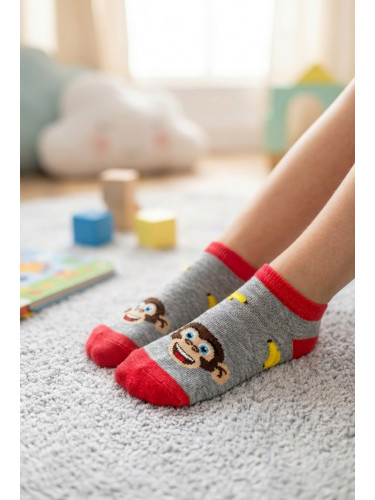 Детски сиви чорапи до глезена с маймунки и банани