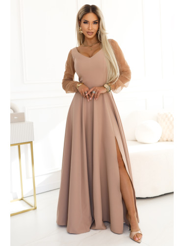 Дълга бежова рокля с ръкави от тюл