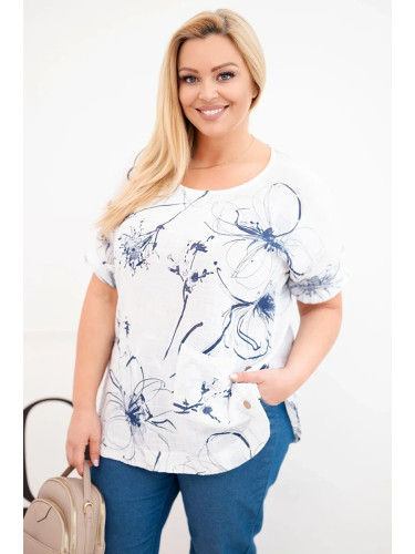 Блуза с голям размер с къс ръкав и джоб, бяла