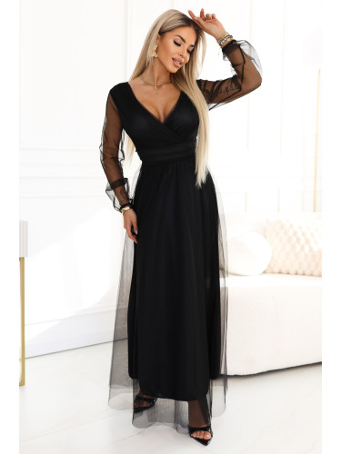 Черна макси рокля с ръкави от тюл и деколте с прехлупване