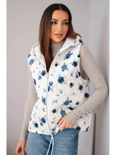 Дамски капитониран елек с качулка и флорален принт