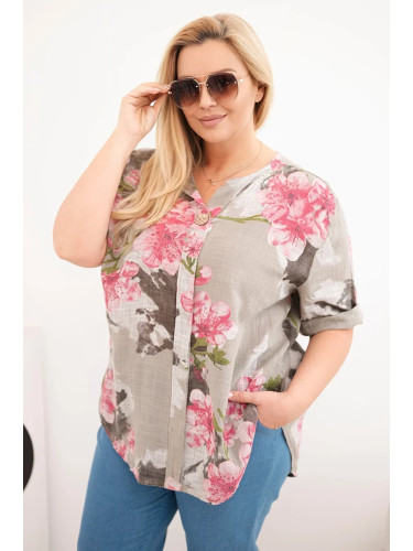 Блуза с голям размер с V-образно деколте и флорален мотив