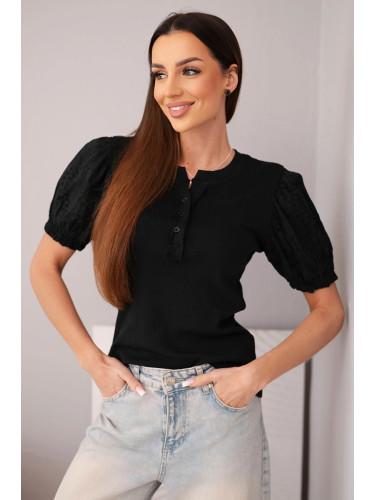 Дамска оребрена блуза с бухнали ръкави и копчета