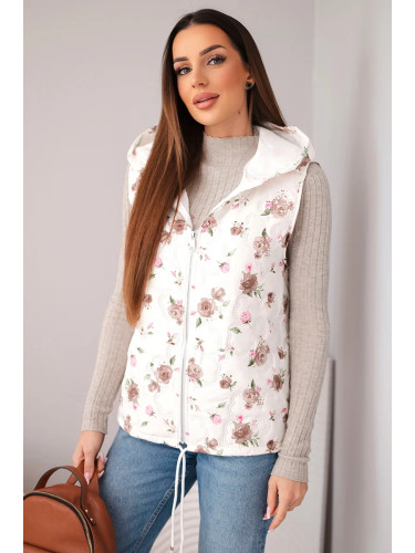 Дамски капитониран елек с качулка и флорален принт