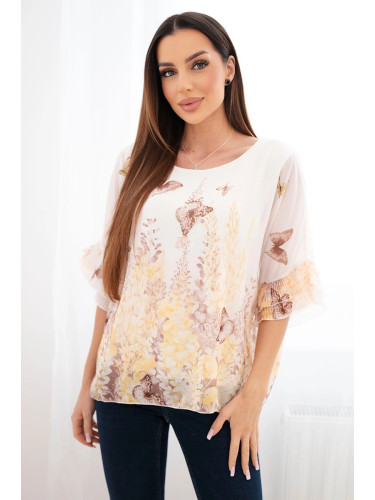 Дамска блуза с плисирани ръкави и щампа, жълта