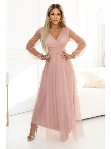 Макси рокля с ръкави от тюл и деколте с прегъване