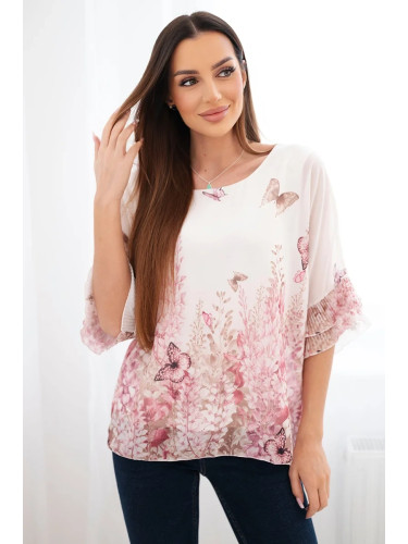 Дамска блуза с плисирани ръкави и щампа, розова
